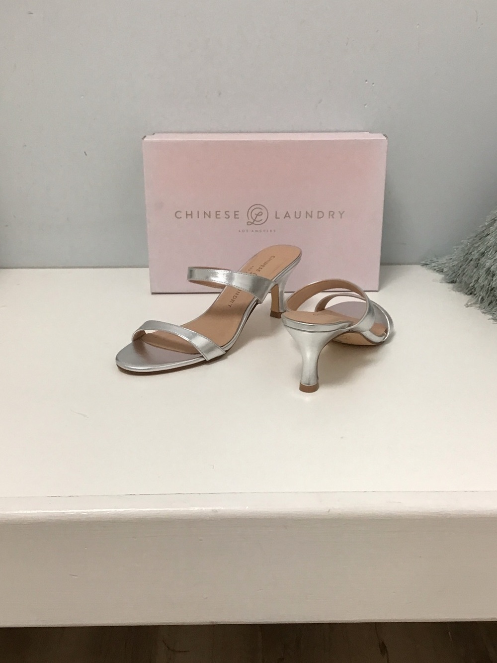 Chinese Laundry yamila Silver Two-Strap Mid Heel Sandals